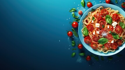 Poster - Tasty appetizing pasta served with tomato sauce, fresh tomatoes, basil and cheese in bowl on blue table. View from above