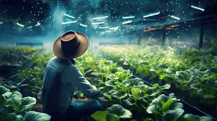 Poster - Smart agriculture concept, Agronomist or farmer use Artificial intelligence and augmented reality in farm to help grow systems, saving water ,resources reduce labor time, make high yield and predict
