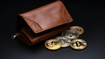 Sticker - Two dollars and 2 bitcoins lie near a leather wallet with money. Financial crisis, debt, credit, little money