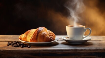 Aufkleber - A mug of latte coffee with Croissant coffee break on wooden table, smoke on coffee