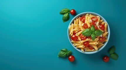 Sticker - Tasty appetizing pasta served with tomato sauce, fresh tomatoes, basil and cheese in bowl on blue table. View from above