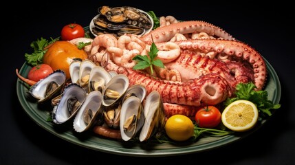Poster - Assorted seafood on plates. Beautiful composition on a served seafood table, squid, shrimp, salmon steak and octopus. Food photo, low key, traditional Italian cuisine. Top view, save the space
