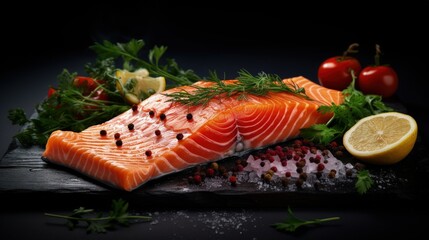 Poster - Delicious portion of fresh salmon fillet with aromatic herbs, spices and vegetables - healthy food, diet or cooking concept
