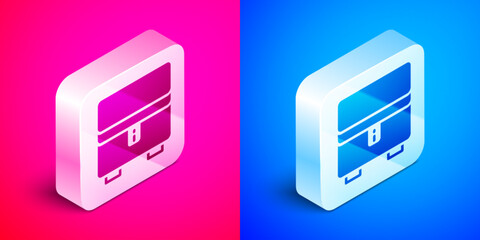 Poster - Isometric Jewelry box icon isolated on pink and blue background. Casket with jewelry. Silver square button. Vector