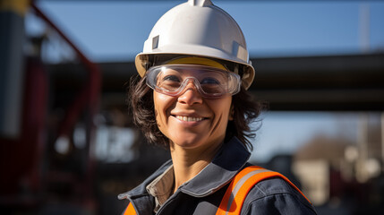 portrait of smiling poc female engineer on site wearing hard hat, high vis vest, and safety glasses	