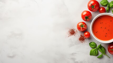 Poster - Gazpacho soup in bowl over light stone background with copy space. Cold tomato soup. Top view, flat lay
