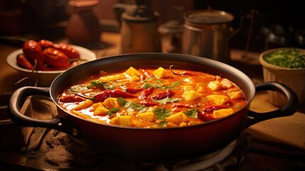 Poster - Ema Datshi Bhutanese Chili and Cheese Stew closeup in the pan on the table. horizontal
