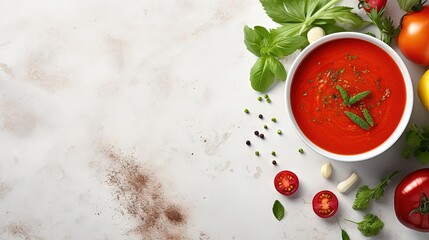 Poster - Gazpacho soup in bowl over light stone background with copy space. Cold tomato soup. Top view, flat lay