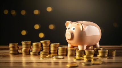 Poster - Saving inflation, financial crisis and loosing money concept. Piggy bank with decreasing piles of coins on wooden cubes. Falling income, lower wages. Decrease in GDP. Economic recession, crisis.