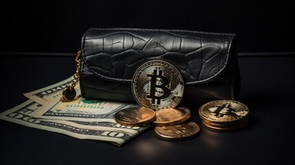 Sticker - Two dollars and 2 bitcoins lie near a leather wallet with money. Financial crisis, debt, credit, little money