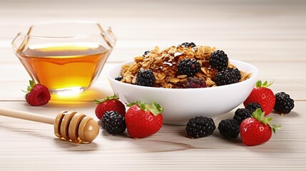 Aufkleber - Tasty granola with berries in plate with honey on white wooden table