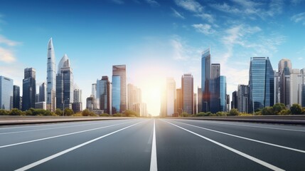 Sticker - Panoramic skyline and modern commercial buildings with empty asphalt road