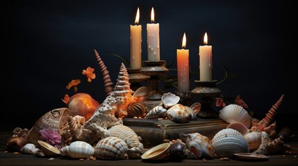 Wall Mural - Burning candles in candlesticks decorated in a nautical style with seashells, corals, stones and coconut bark.