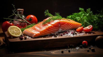 Poster - Delicious portion of fresh salmon fillet with aromatic herbs, spices and vegetables - healthy food, diet or cooking concept