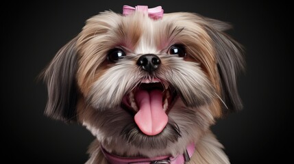 Poster - cute dog breed shihtzu beige with black color with open mouth and pink tongue. pet . grooming short dog haircut