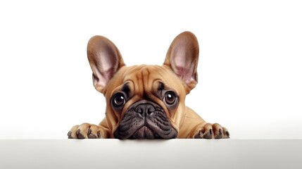 Poster - Portrait of cute puupy of French Bulldog ying on back isolated over white studio background. Pretty muzzle. Playful dog. Concept of domestic animal, pet, vet, friendship. Copy space for ad