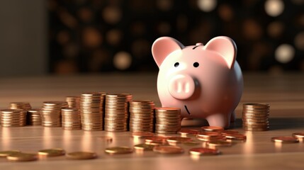 Poster - Saving inflation, financial crisis and loosing money concept. Piggy bank with decreasing piles of coins on wooden cubes. Falling income, lower wages. Decrease in GDP. Economic recession, crisis.