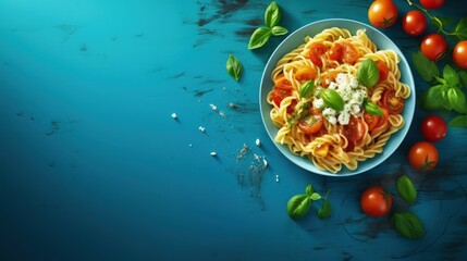 Poster - Tasty appetizing pasta served with tomato sauce, fresh tomatoes, basil and cheese in bowl on blue table. View from above