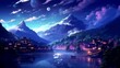panorama of the mountains in the night, loop video background animation, cartoon anime style. for vtuber / streamer backdrop