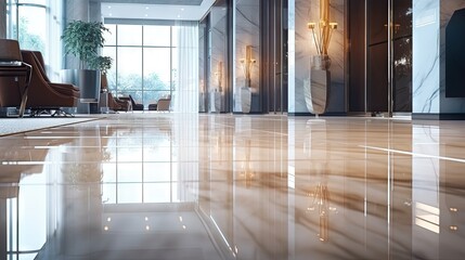 Sticker - Marble floor in luxury lobby of office or hotel. Clean floor tile with reflections for background. Shiny stone floor in commercial building after professional cleaning service.