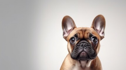 Poster - Portrait of cute puupy of French Bulldog ying on back isolated over white studio background. Pretty muzzle. Playful dog. Concept of domestic animal, pet, vet, friendship. Copy space for ad