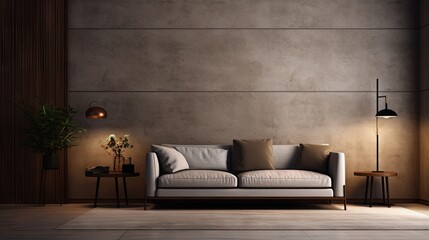 Poster - Modern living room in house with contemporary interior design, comfortable sofa, carpet on floor, lamplight lamp, decor on table and wooden panel on copy space background