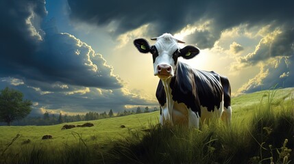 Poster - Cow on green grass and evening sky with light