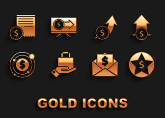 Poster - Set Hand and paper shopping bag, Financial growth coin, Star dollar, Envelope with, Target symbol, Paper check financial check and Monitor icon. Vector