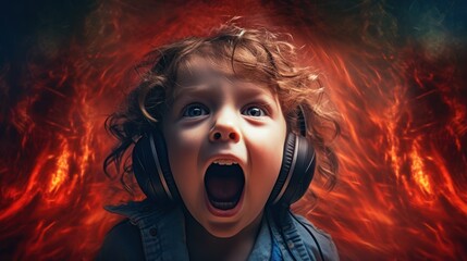 Canvas Print -  a little girl wearing headphones and screaming with her mouth wide open in front of a red and black background.