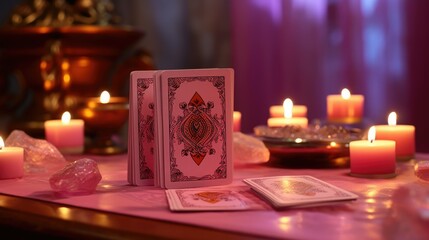 Fortune mystic teller putting occult tarot cards on table dark room. Magical pagan fate destiny reading ritual. Esoteric astrology prediction. Supernatural spiritual medium. Quartz stone and candles.