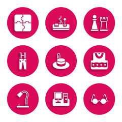 Poster - Set Man hat, Monitor with keyboard, Eyeglasses, Waistcoat, Table lamp, Pants suspenders, Chess and Piece of puzzle icon. Vector