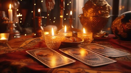 Fortune mystic teller putting occult tarot cards on table dark room. Magical pagan fate destiny reading ritual. Esoteric astrology prediction. Supernatural spiritual medium. Quartz stone and candles.