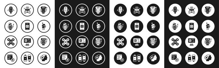 Sticker - Set Robot low battery charge, Turn off robot from phone, Mars rover, and Drone icon. Vector