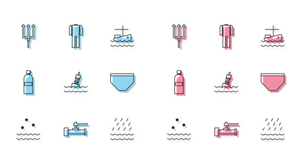 Sticker - Set line Cold and waves, Industry metallic pipes valve, Neptune Trident, Rain, Floating buoy on the sea, Swimming trunks, Aqualung and Wetsuit for scuba diving icon. Vector