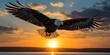 AI Generated. AI Generative. Wild american eagle bird flying in the blue air sky at golden sunset nature outdoor landscape. Graphic Art