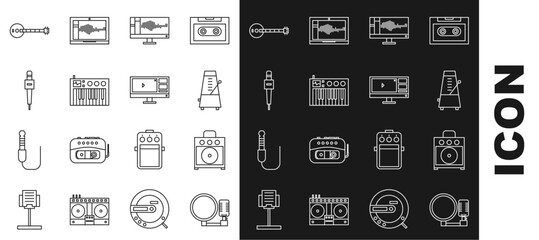 Sticker - Set line Microphone, Guitar amplifier, Metronome with pendulum in motion, Sound or audio recorder monitor, Music synthesizer, Banjo and Video editor software icon. Vector