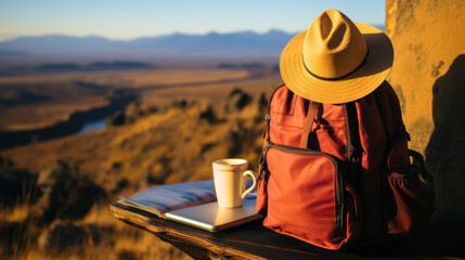 Poster - A backpack with your hat of a cup on a book in the desert