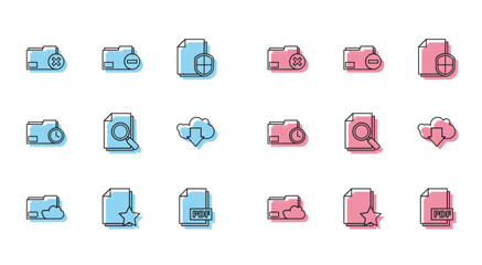 Poster - Set line Cloud storage text document folder, Document with star, Delete, PDF file, search, download, clock and minus icon. Vector