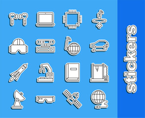 Poster - Set line Social network, 3D printer, Electric car, Processor with microcircuits CPU, Motion sensor, Virtual reality glasses, Air headphones and icon. Vector