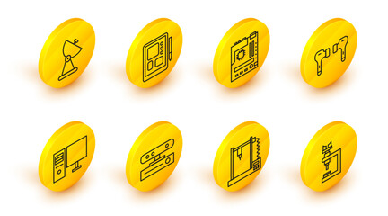 Poster - Set line Microscope, 3D printer, Motion sensor, Computer monitor, Air headphones, Motherboard, Graphic tablet and Radar icon. Vector