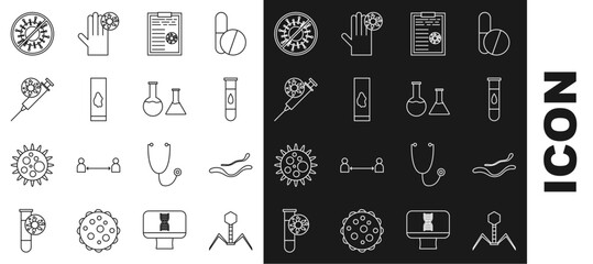 Sticker - Set line Bacteria bacteriophage, Ebola virus disease, Blood test and, Clipboard with blood results, Syringe, Stop and Test tube flask icon. Vector