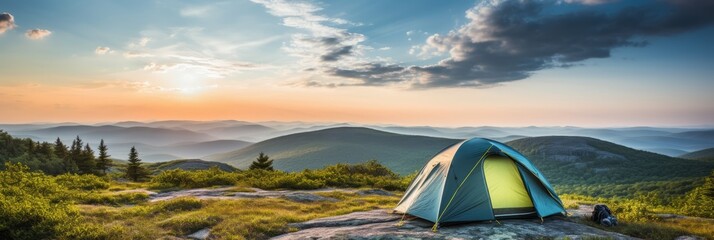 sunlit tourist camp in mountain landscape with cozy tent, adding adventure to serene summer day