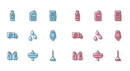 Wall Mural - Set line Rubber gloves, Washbasin, Bottle for cleaning agent, plunger, Water drop, Toilet urinal pissoir, Plumber service car and Drain cleaner bottle icon. Vector