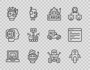Poster - Set line Creating robot, Robot, Error, burned out, Mars rover and Computer api interface icon. Vector
