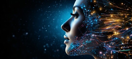 Wall Mural - Female robot face on digital particles background with shining stars and copy space for text