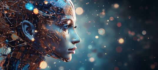 Poster - Futuristic female robot face in digital particles with ai concept on abstract background