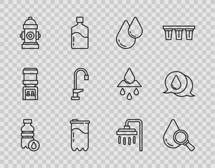 Wall Mural - Set line Bottle of water, Drop and magnifying glass, Water drop, filter cartridge, Fire hydrant, tap, Shower and icon. Vector