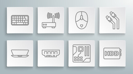 Sticker - Set line Laptop, Router and wi-fi signal, RAM, random access memory, Motherboard digital chip, Hard disk drive HDD, Computer mouse, LAN cable network internet and Keyboard icon. Vector