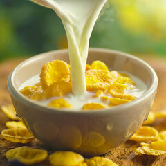 Wall Mural - Jar of fresh milk pouring into bowl of crunchy cereal corn flakes