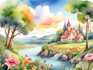 Wall Mural - Watercolor abstract art landscape, children story book style, soft pastel color background.